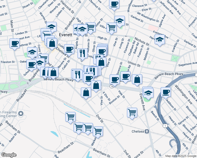 map of restaurants, bars, coffee shops, grocery stores, and more near 201 Chelsea Street in Everett