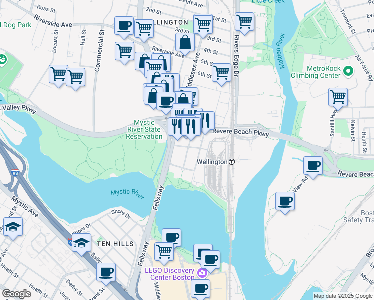 map of restaurants, bars, coffee shops, grocery stores, and more near 75 Station Landing in Medford