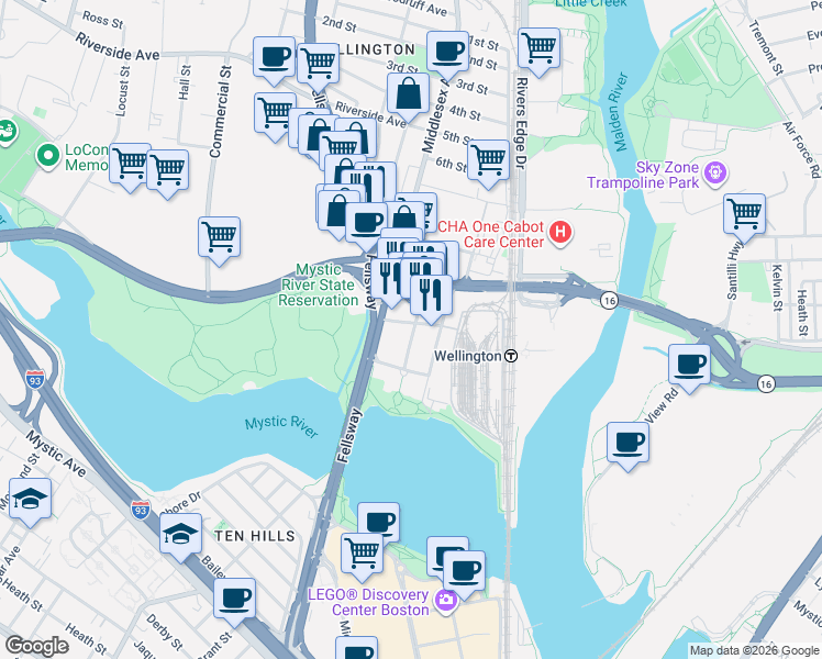 map of restaurants, bars, coffee shops, grocery stores, and more near 62 Station Landing in Medford
