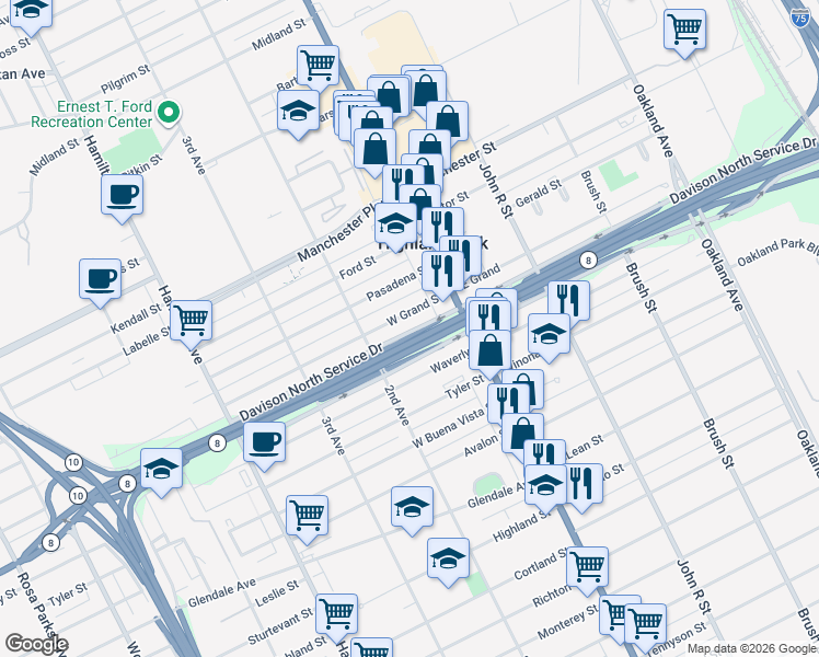 map of restaurants, bars, coffee shops, grocery stores, and more near 60 West Grand Street in Highland Park