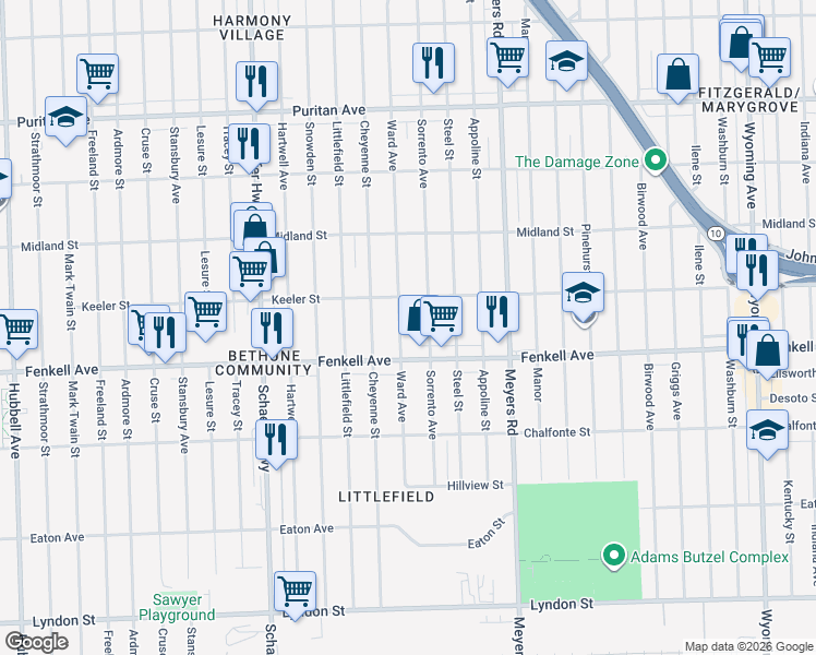 map of restaurants, bars, coffee shops, grocery stores, and more near 15358 Ward Avenue in Detroit