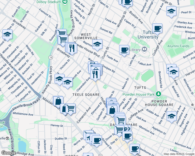 map of restaurants, bars, coffee shops, grocery stores, and more near 1121 Broadway in Somerville