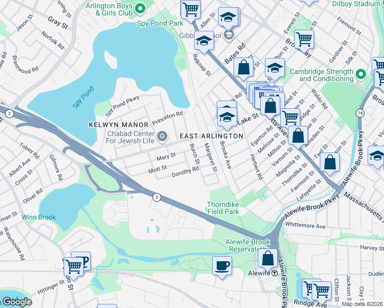 map of restaurants, bars, coffee shops, grocery stores, and more near 14 Mary Street in Arlington