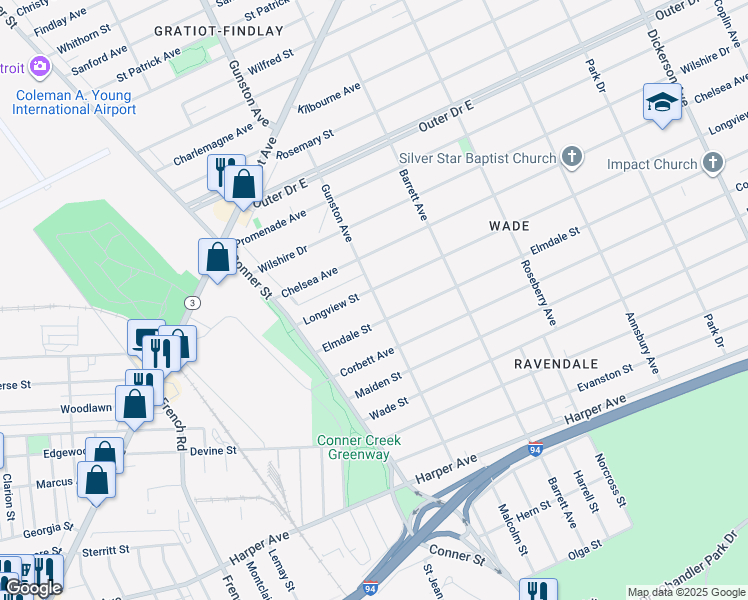 map of restaurants, bars, coffee shops, grocery stores, and more near 11078 Longview Street in Detroit