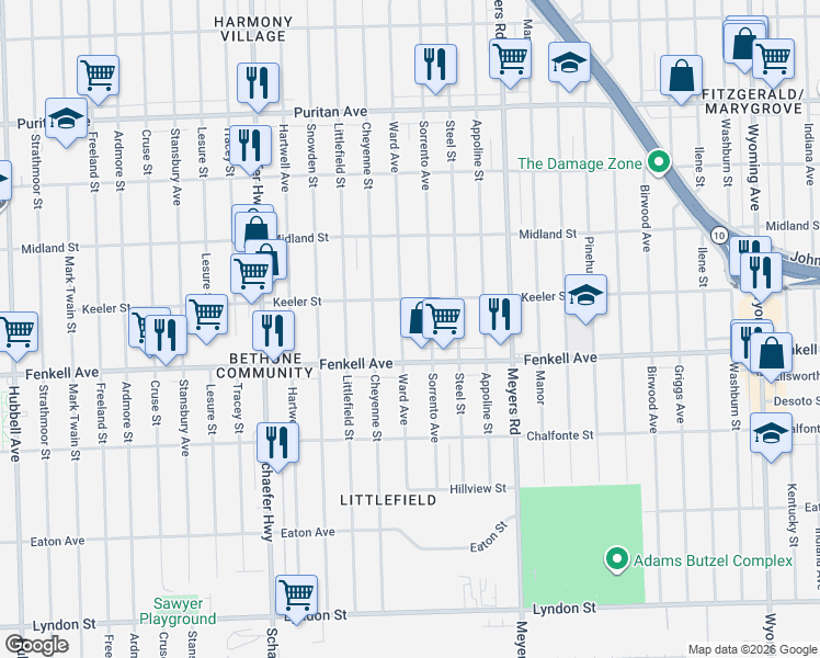 map of restaurants, bars, coffee shops, grocery stores, and more near 15358 Ward Avenue in Detroit