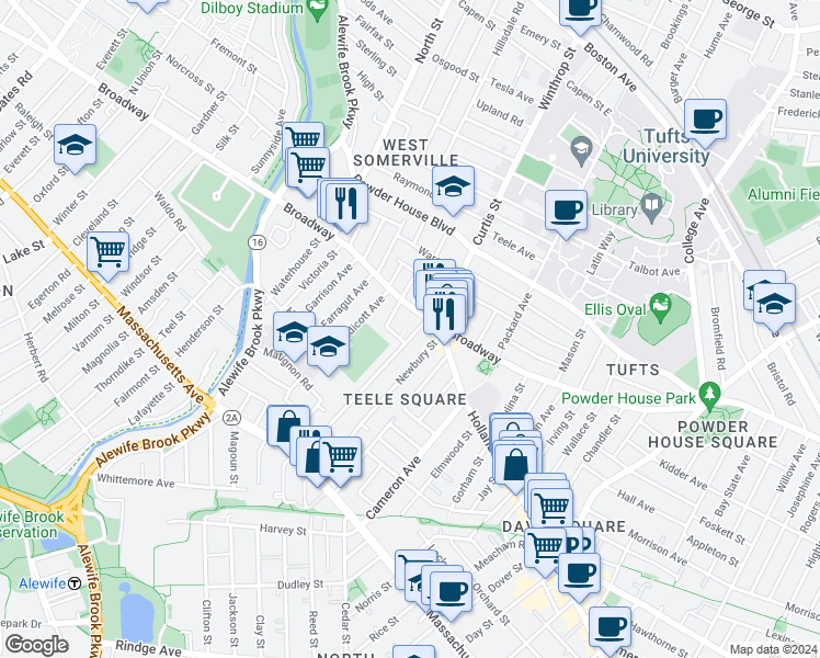 map of restaurants, bars, coffee shops, grocery stores, and more near 13 Clarendon Avenue in Somerville