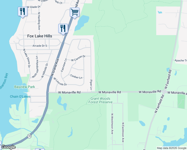 map of restaurants, bars, coffee shops, grocery stores, and more near 37151 Piper Lane in Lake Villa