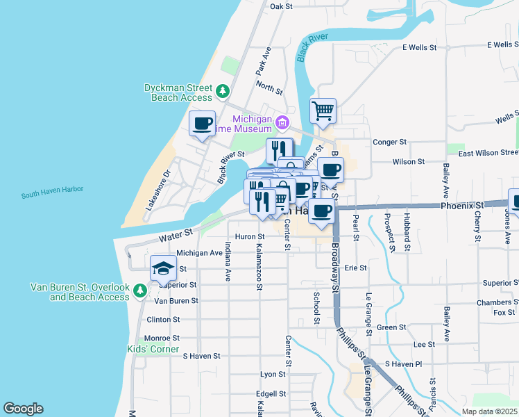map of restaurants, bars, coffee shops, grocery stores, and more near 401 Phoenix Street in South Haven