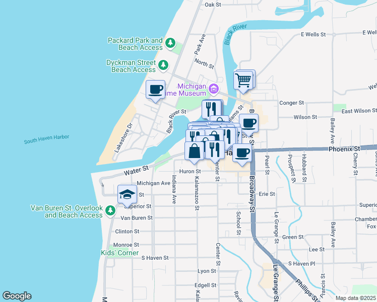map of restaurants, bars, coffee shops, grocery stores, and more near 321 Water Street in South Haven
