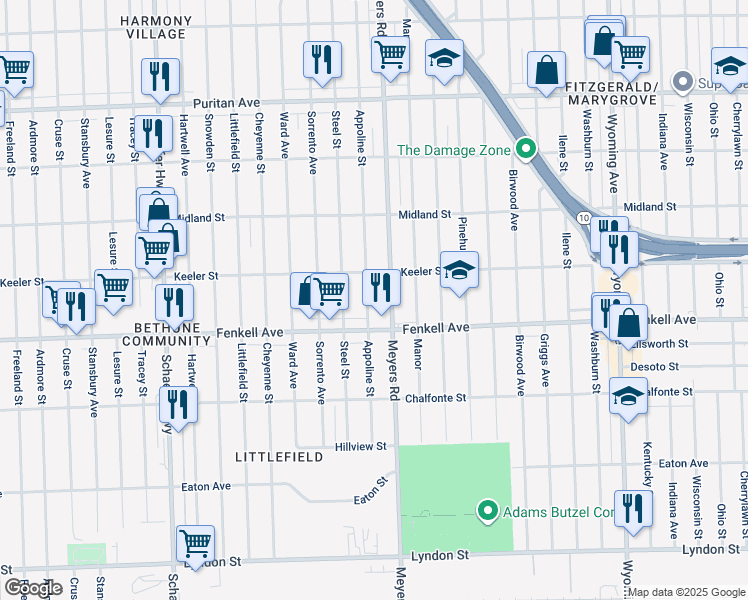 map of restaurants, bars, coffee shops, grocery stores, and more near 15370 Appoline Avenue in Detroit