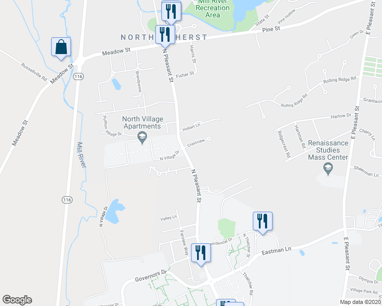 map of restaurants, bars, coffee shops, grocery stores, and more near 977 North Pleasant Street in Amherst