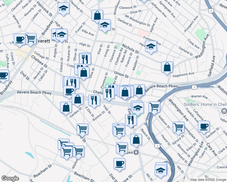 map of restaurants, bars, coffee shops, grocery stores, and more near in Everett