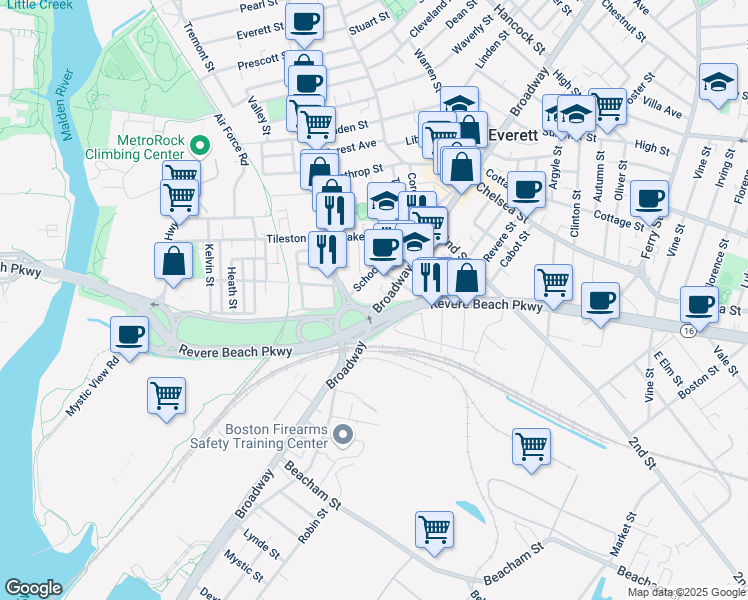 map of restaurants, bars, coffee shops, grocery stores, and more near 308 Broadway in Everett