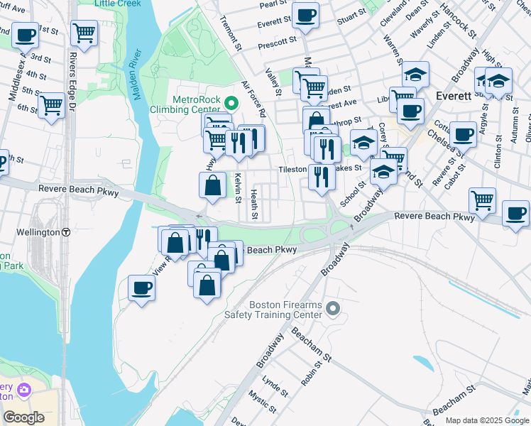 map of restaurants, bars, coffee shops, grocery stores, and more near 19 Heath Street in Everett