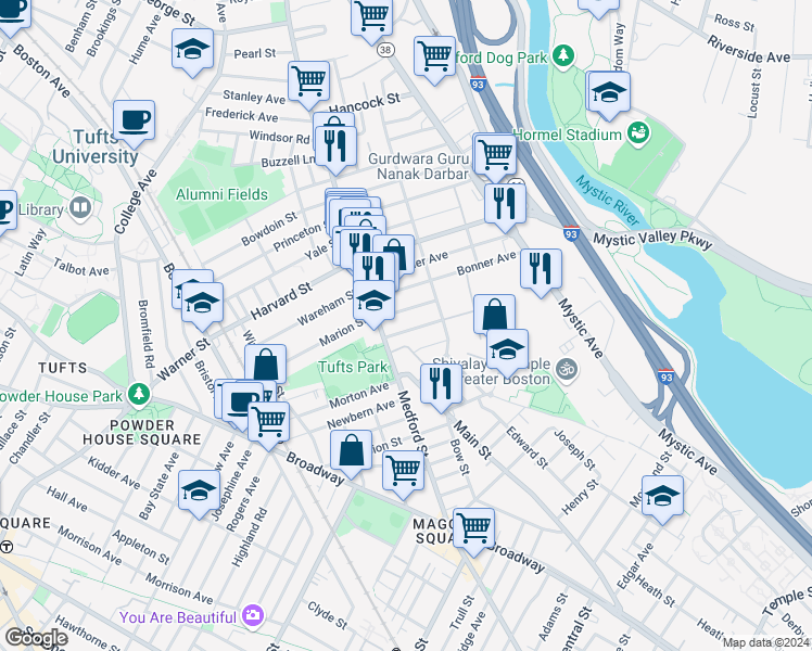 map of restaurants, bars, coffee shops, grocery stores, and more near 21 Mayberry Avenue in Medford
