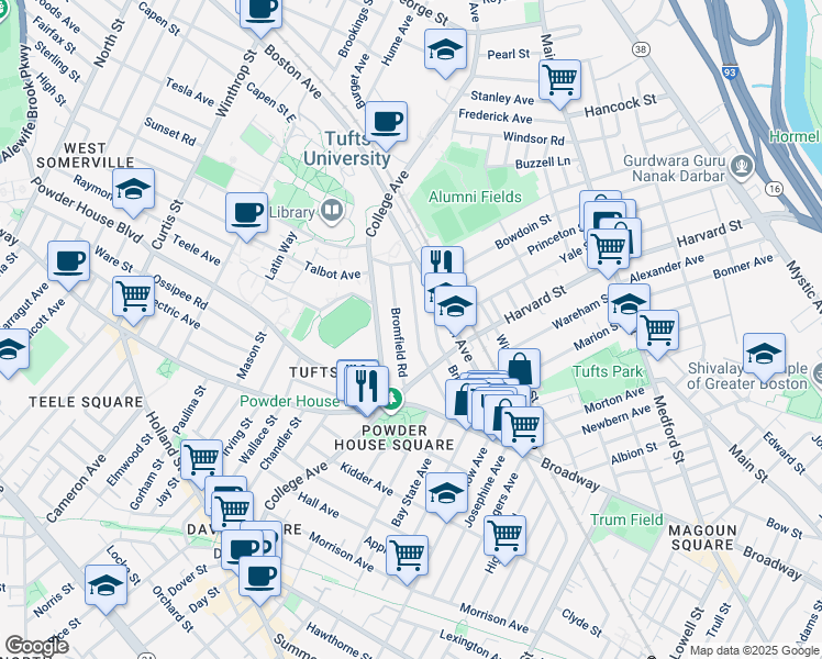 map of restaurants, bars, coffee shops, grocery stores, and more near 66 Bromfield Road in Somerville