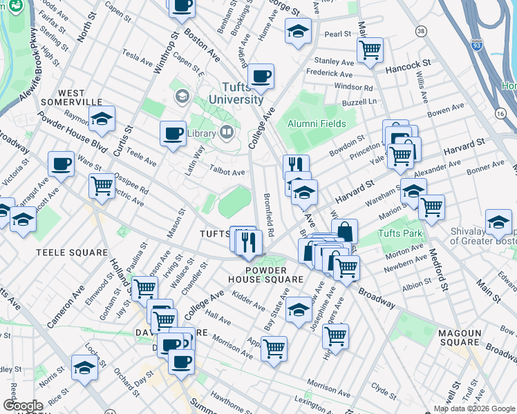 map of restaurants, bars, coffee shops, grocery stores, and more near 66 Bromfield Road in Somerville