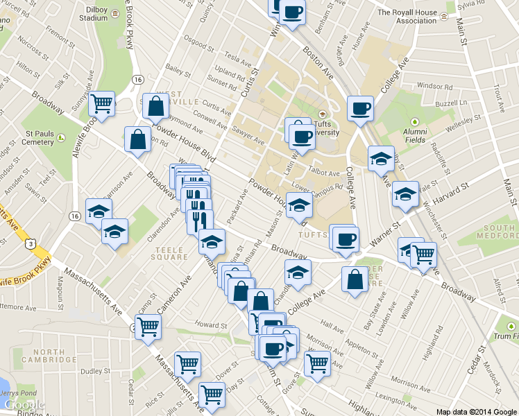 map of restaurants, bars, coffee shops, grocery stores, and more near 23 Ossipee Road in Somerville