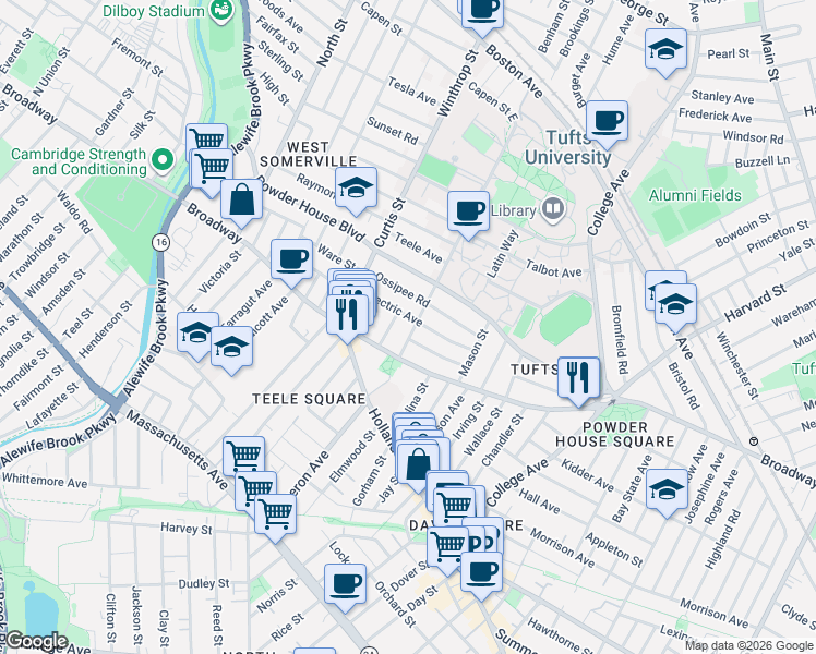 map of restaurants, bars, coffee shops, grocery stores, and more near 35 Packard Avenue in Somerville