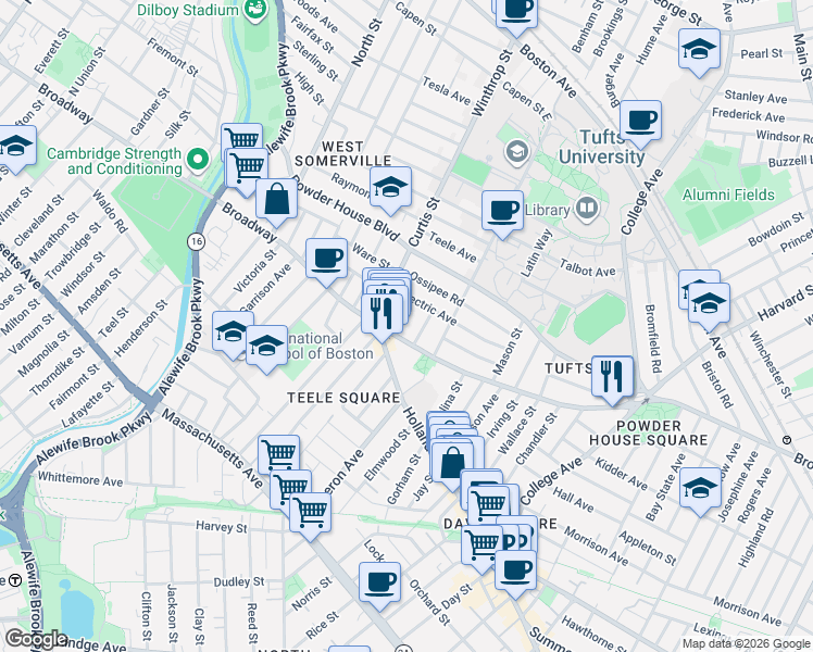 map of restaurants, bars, coffee shops, grocery stores, and more near 22 Lovell Street in Somerville