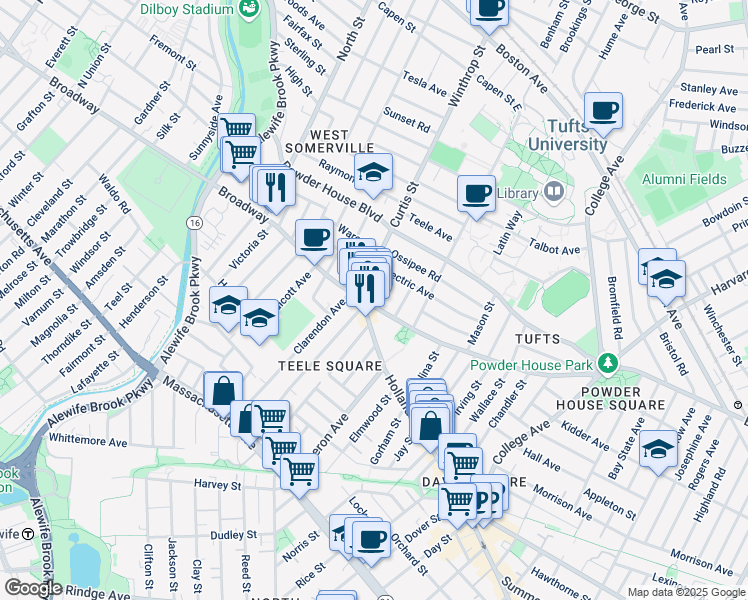 map of restaurants, bars, coffee shops, grocery stores, and more near 5 Curtis Street in Somerville