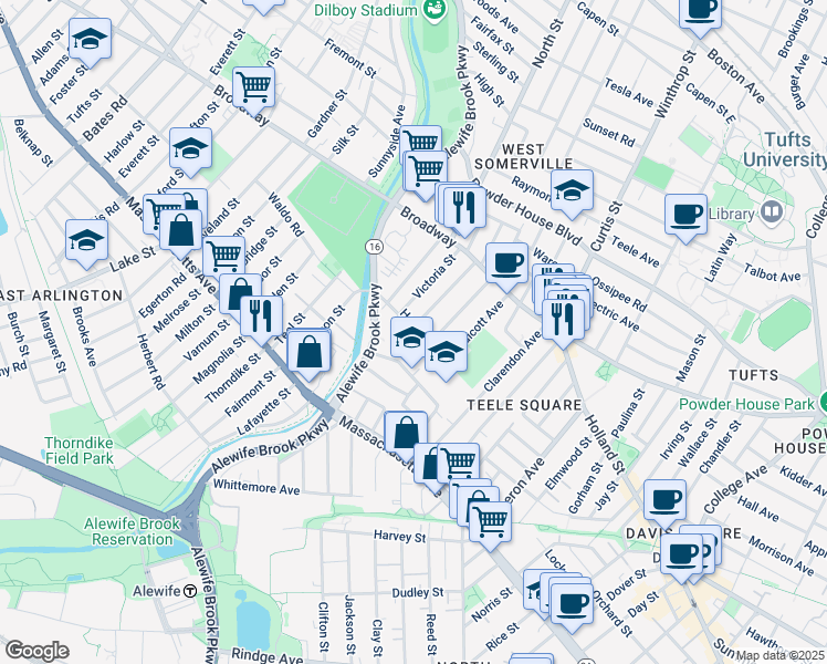 map of restaurants, bars, coffee shops, grocery stores, and more near 84 Hooker Avenue in Somerville