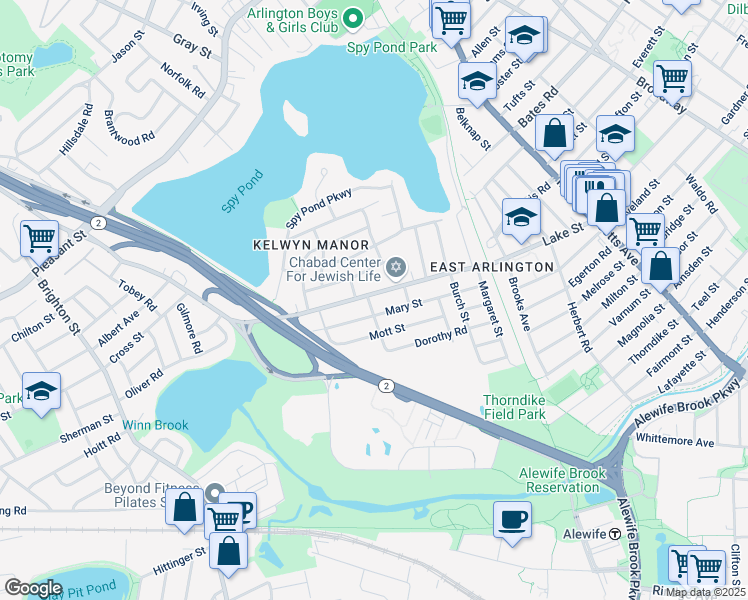 map of restaurants, bars, coffee shops, grocery stores, and more near 155 Lake Street in Arlington