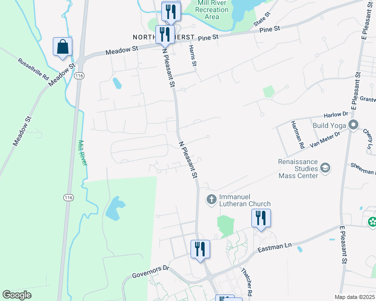 map of restaurants, bars, coffee shops, grocery stores, and more near 977 North Pleasant Street in Amherst