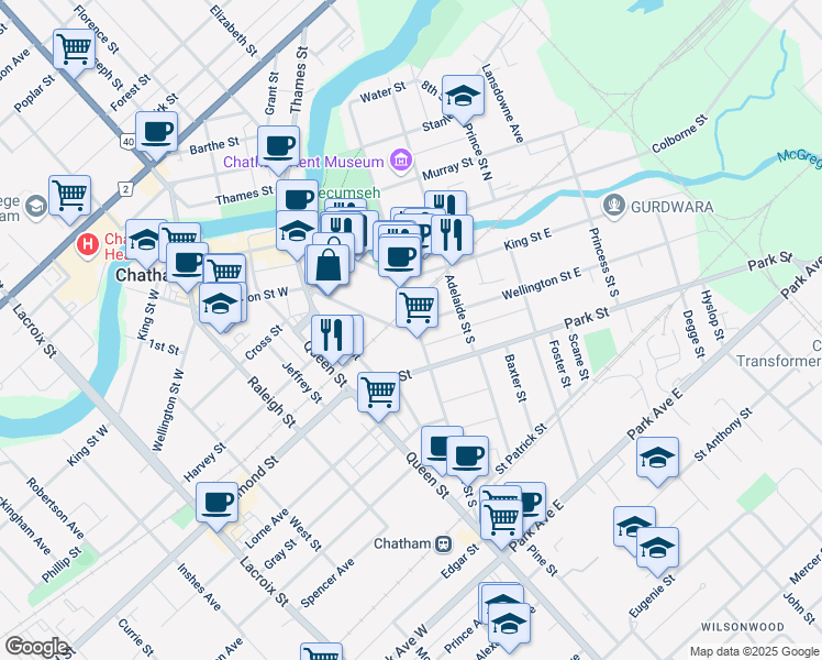 map of restaurants, bars, coffee shops, grocery stores, and more near 4 Wellington Street East in Chatham-Kent