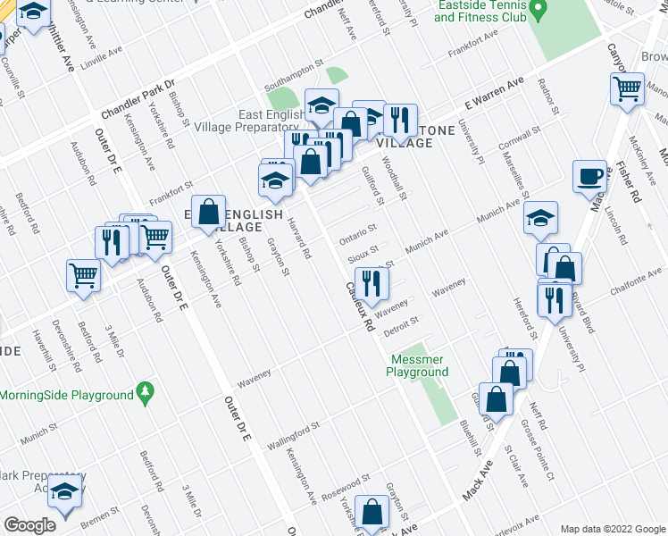 map of restaurants, bars, coffee shops, grocery stores, and more near 4500 Harvard Road in Detroit