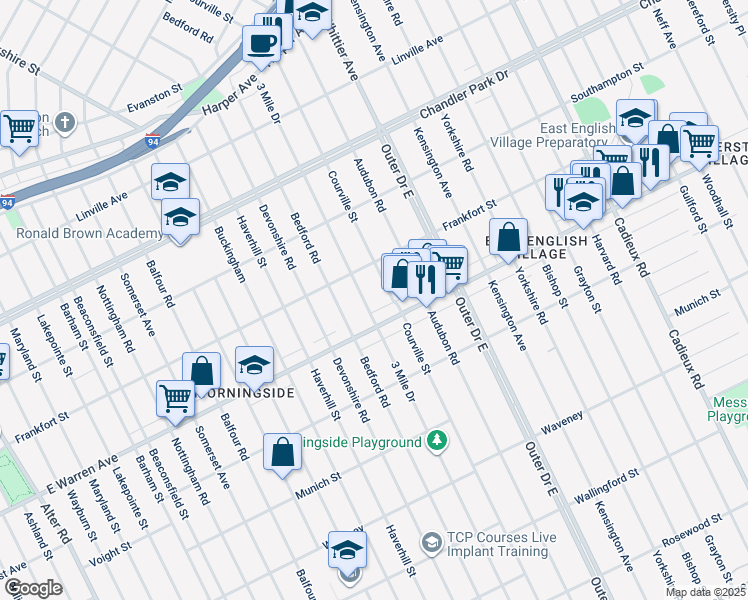 map of restaurants, bars, coffee shops, grocery stores, and more near 5059 Courville Street in Detroit