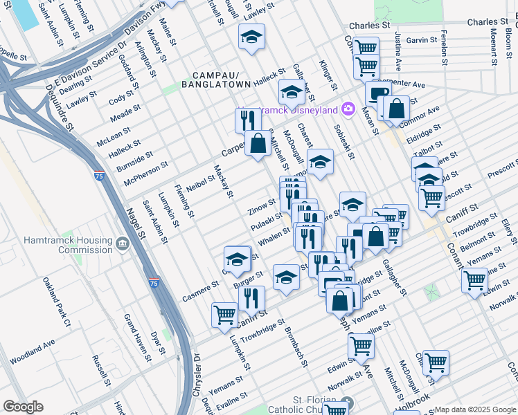 map of restaurants, bars, coffee shops, grocery stores, and more near 2655 Zinow Street in Hamtramck