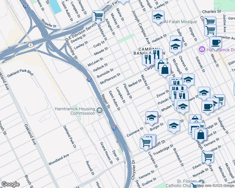 map of restaurants, bars, coffee shops, grocery stores, and more near 12117 Lumpkin Street in Hamtramck