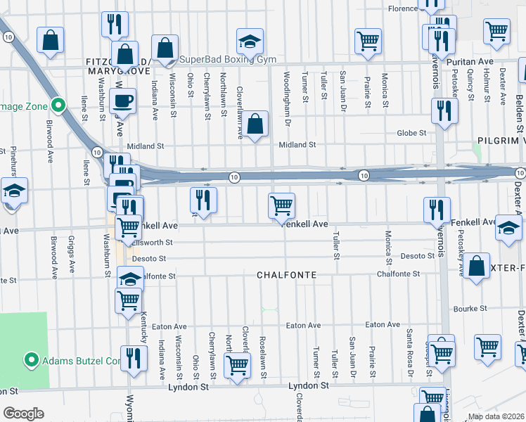 map of restaurants, bars, coffee shops, grocery stores, and more near 15350 Roselawn Street in Detroit
