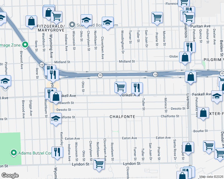 map of restaurants, bars, coffee shops, grocery stores, and more near 15350 Roselawn Street in Detroit