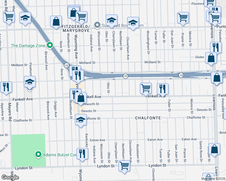 map of restaurants, bars, coffee shops, grocery stores, and more near 15358 Cherrylawn Street in Detroit