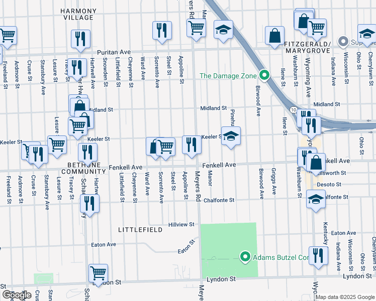 map of restaurants, bars, coffee shops, grocery stores, and more near 15370 Appoline Avenue in Detroit