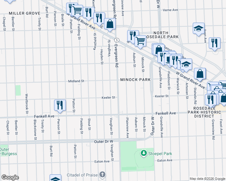 map of restaurants, bars, coffee shops, grocery stores, and more near 15469 Evergreen Road in Detroit