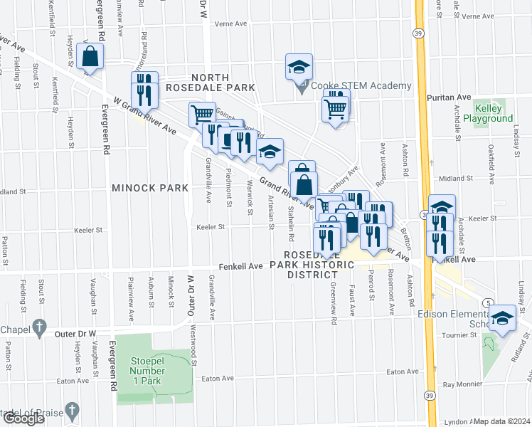 map of restaurants, bars, coffee shops, grocery stores, and more near 15435 Artesian Street in Detroit