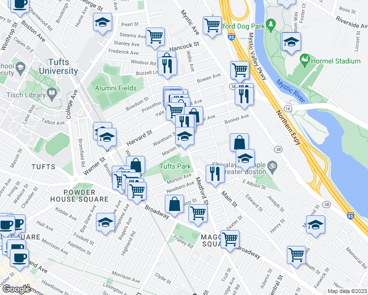 map of restaurants, bars, coffee shops, grocery stores, and more near 427 Main Street in Medford