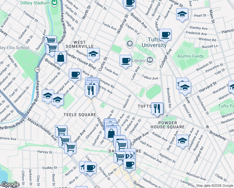 map of restaurants, bars, coffee shops, grocery stores, and more near 35 Packard Avenue in Somerville
