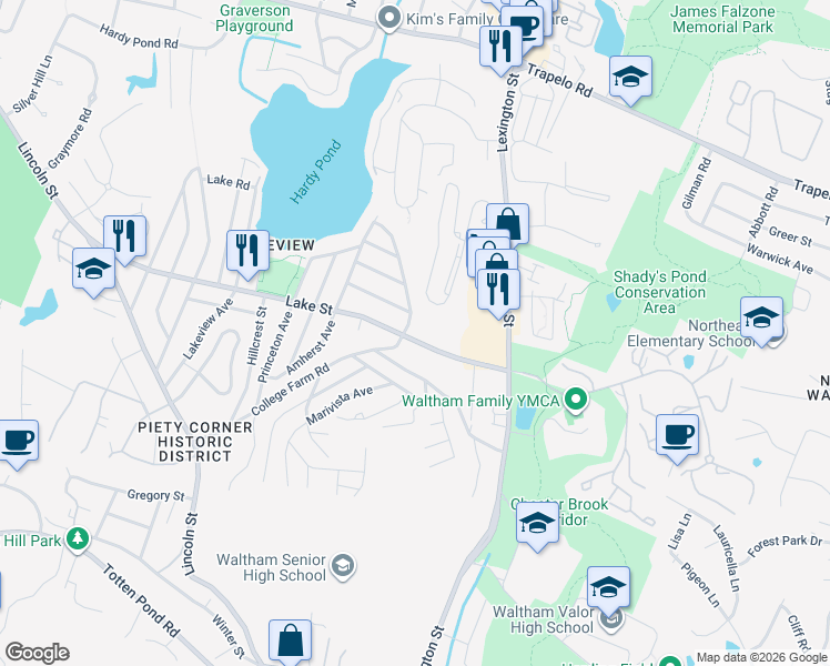 map of restaurants, bars, coffee shops, grocery stores, and more near 95 Indian Road in Waltham