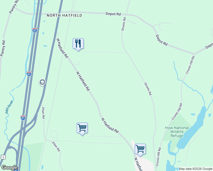 map of restaurants, bars, coffee shops, grocery stores, and more near 138 North Hatfield Road in Hatfield