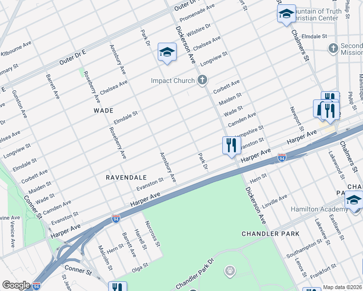 map of restaurants, bars, coffee shops, grocery stores, and more near 12584 Wade Street in Detroit