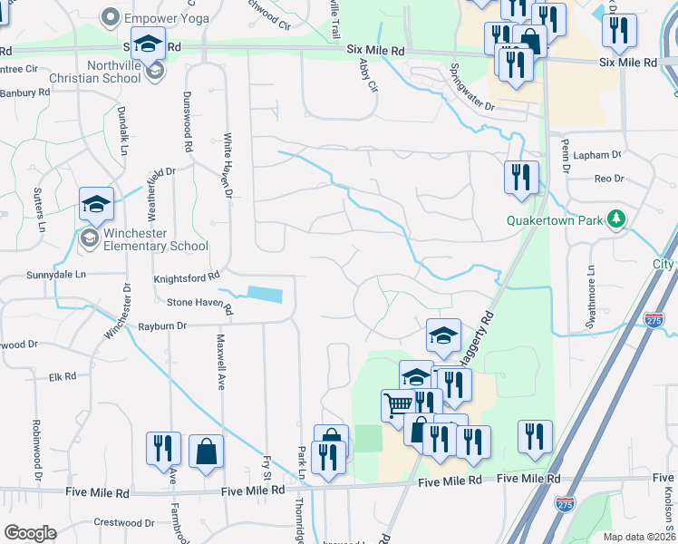 map of restaurants, bars, coffee shops, grocery stores, and more near 16165 Cherrywood Court in Northville
