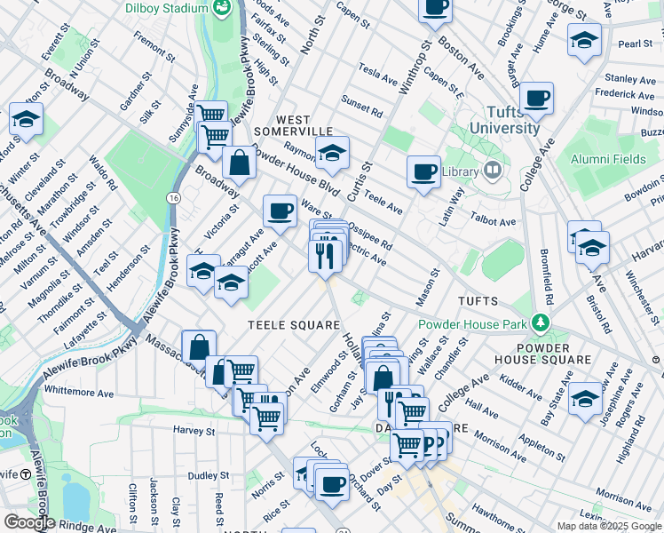 map of restaurants, bars, coffee shops, grocery stores, and more near 1131 Broadway in Somerville