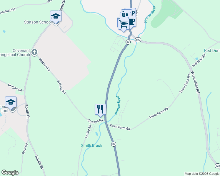 map of restaurants, bars, coffee shops, grocery stores, and more near 201 South Barre Road in Barre