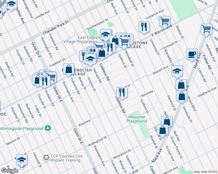 map of restaurants, bars, coffee shops, grocery stores, and more near 4500 Harvard Road in Detroit