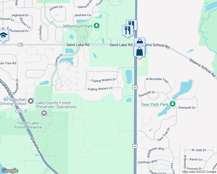 map of restaurants, bars, coffee shops, grocery stores, and more near 3123 Falling Waters Lane in Lindenhurst