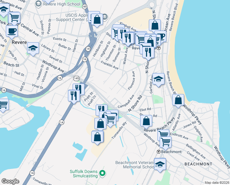 map of restaurants, bars, coffee shops, grocery stores, and more near 84 Arlington Avenue in Revere